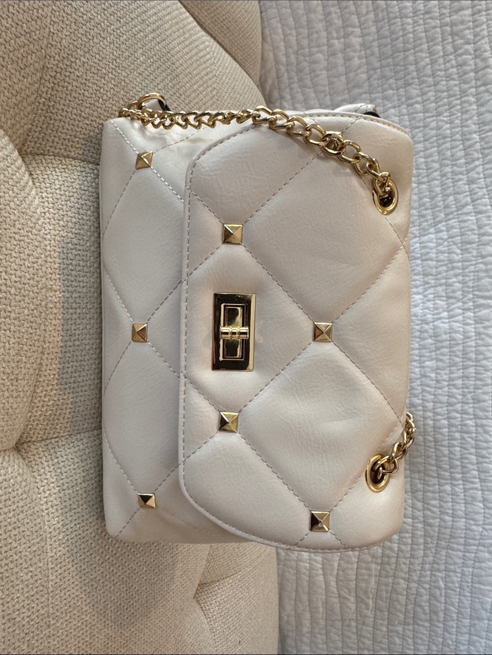 Quilted Cream Crossbody Bag with Gold Studs & Chain Strap